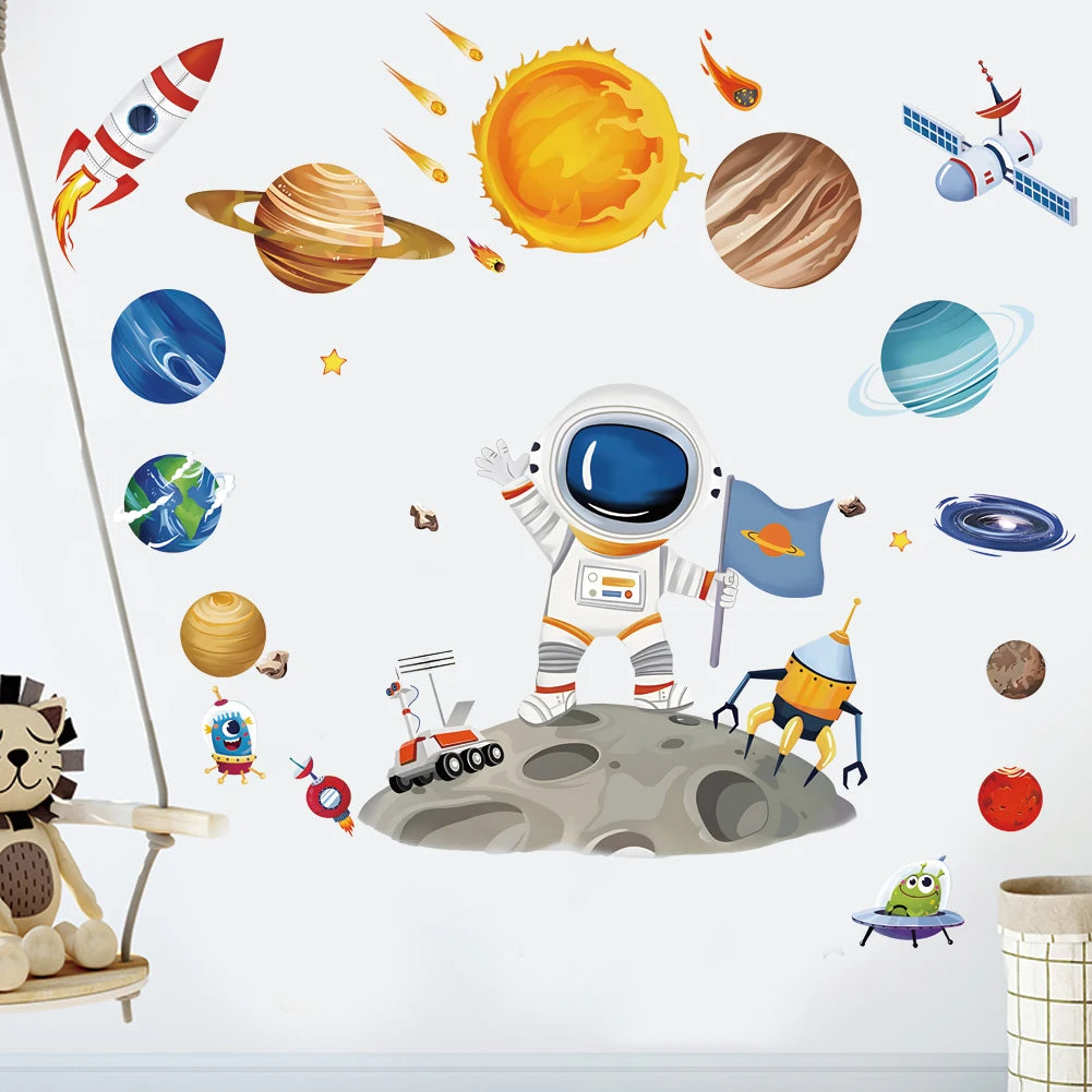 3D Astronaut Wall Sticker – Cartoon Planetary Mural for Kids Room