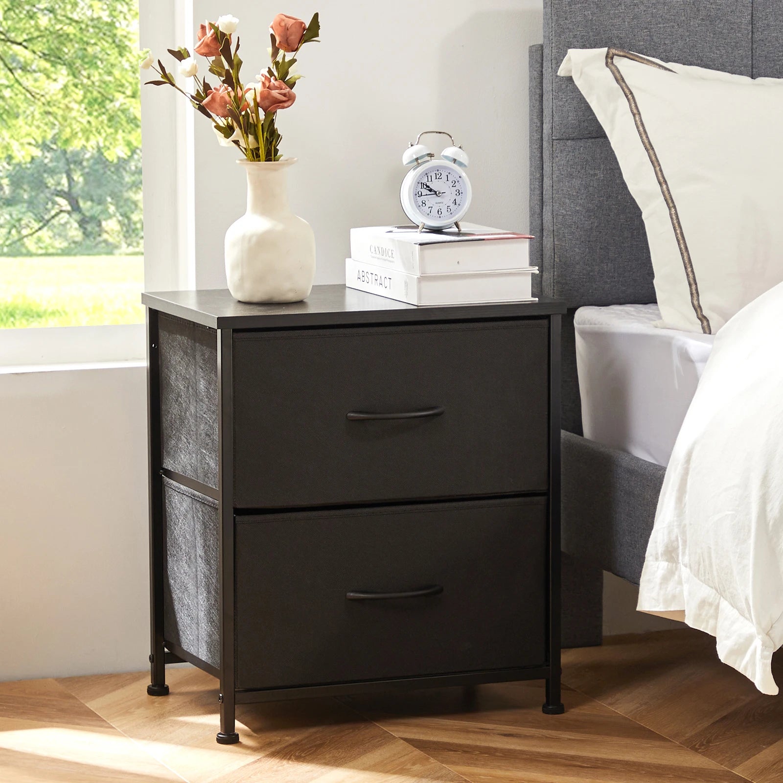 JHK Nightstand with 2 Fabric Drawer Storage Cabinet