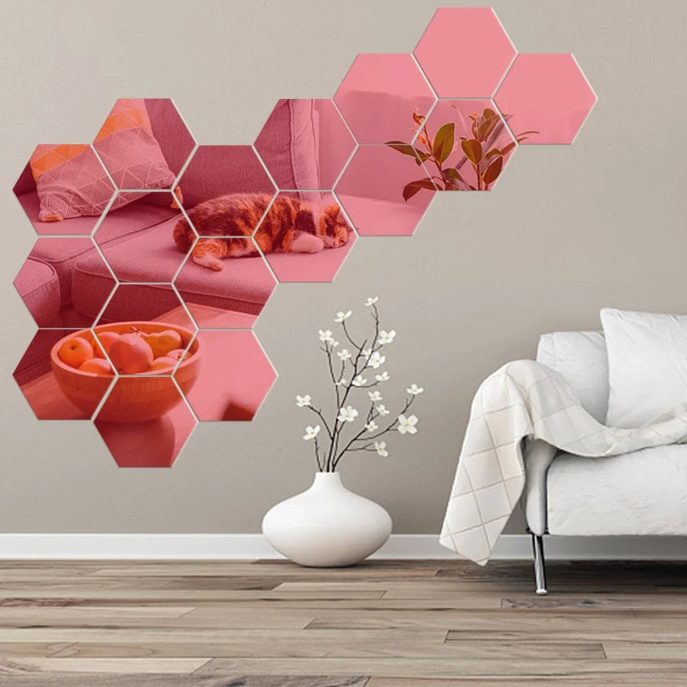3D Hexagon Mirror Wall Stickers – Rose Gold DIY Set