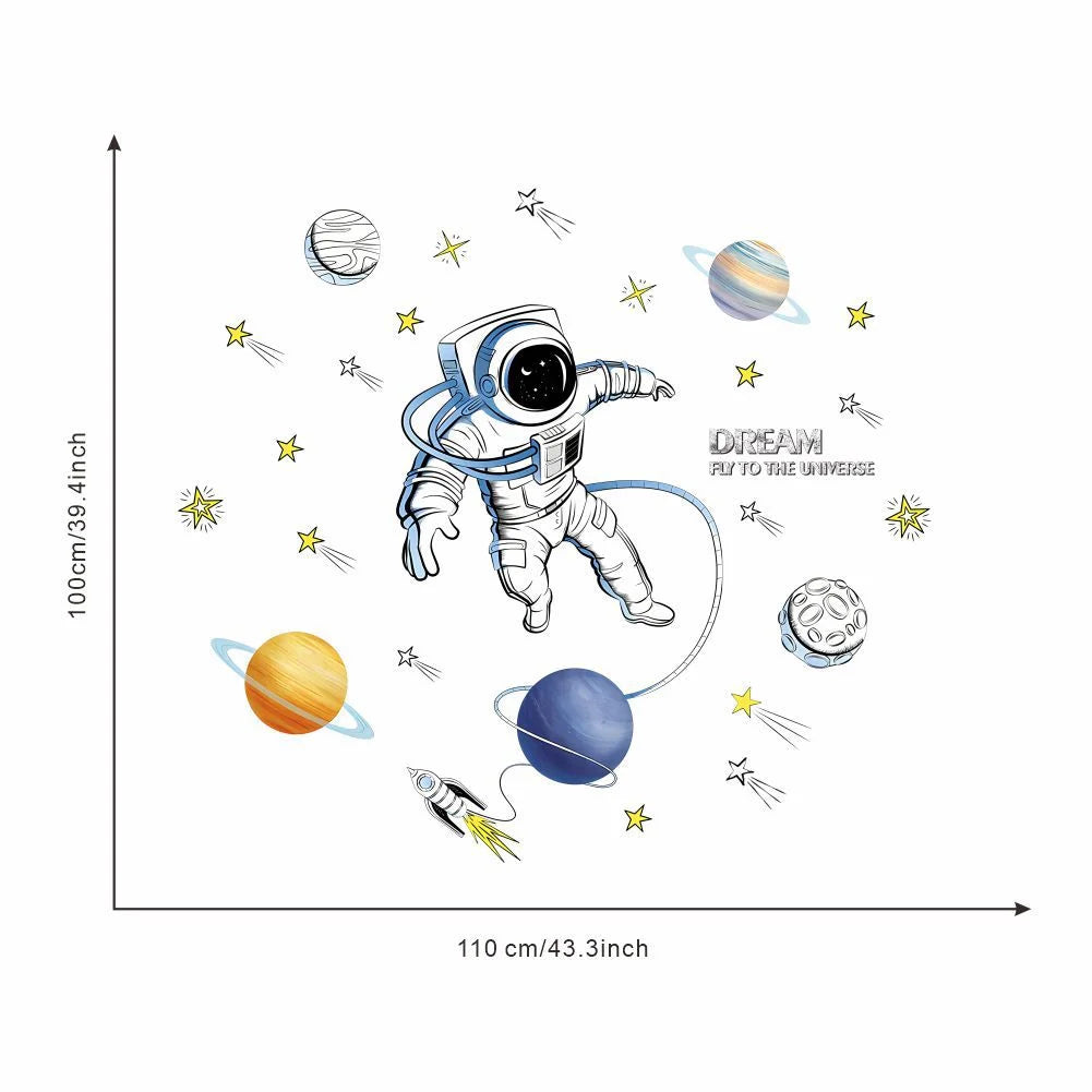 3D Astronaut Wall Sticker – Cartoon Planetary Mural for Kids Room