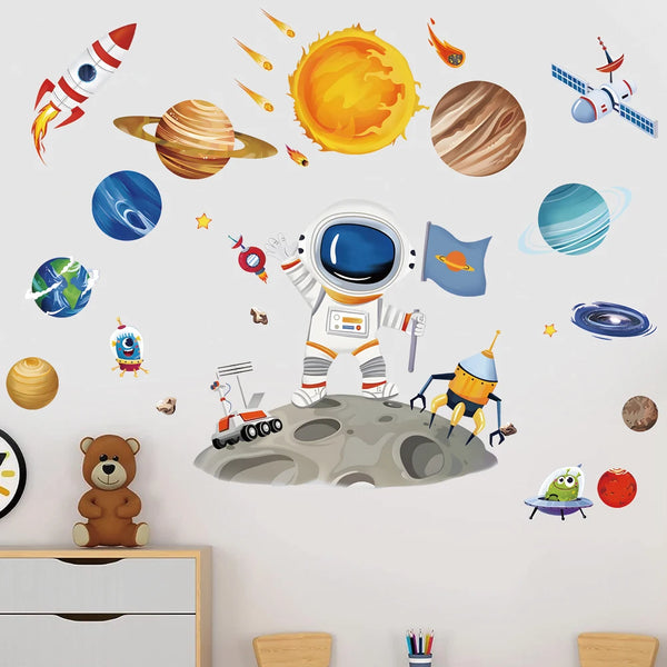 3D Astronaut Wall Sticker – Cartoon Planetary Mural for Kids Room