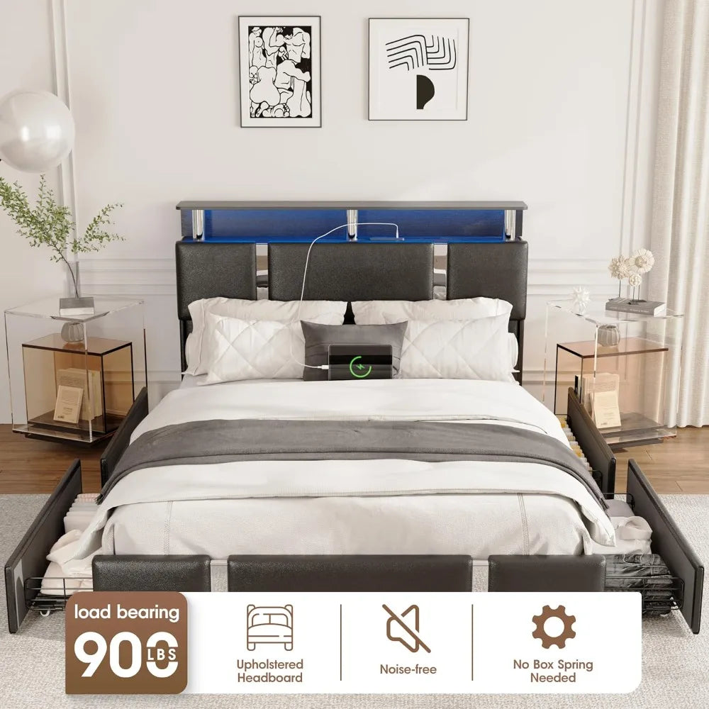 Full Platform Bed Frame with Storage, LED Headboard & Charging Ports