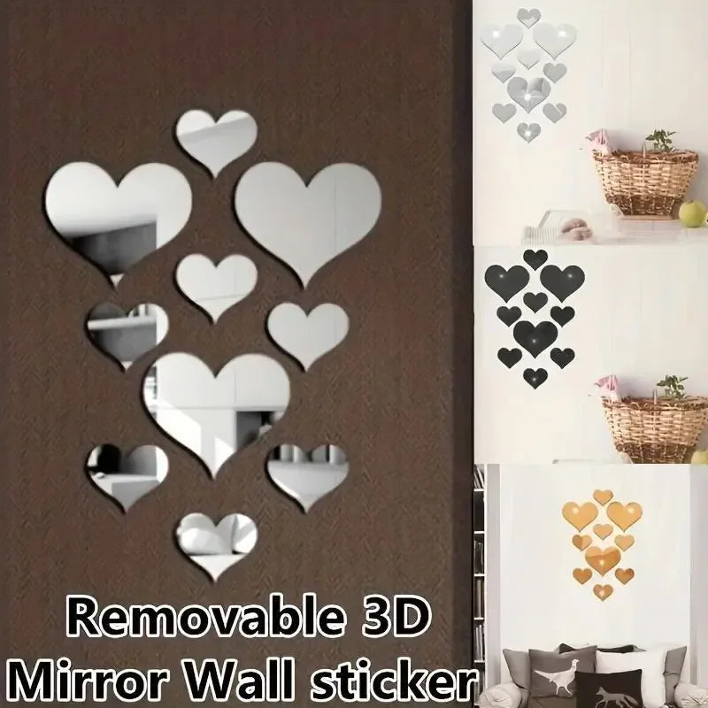 3D Love Heart Mirror Wall Stickers – Removable Wall Art Set