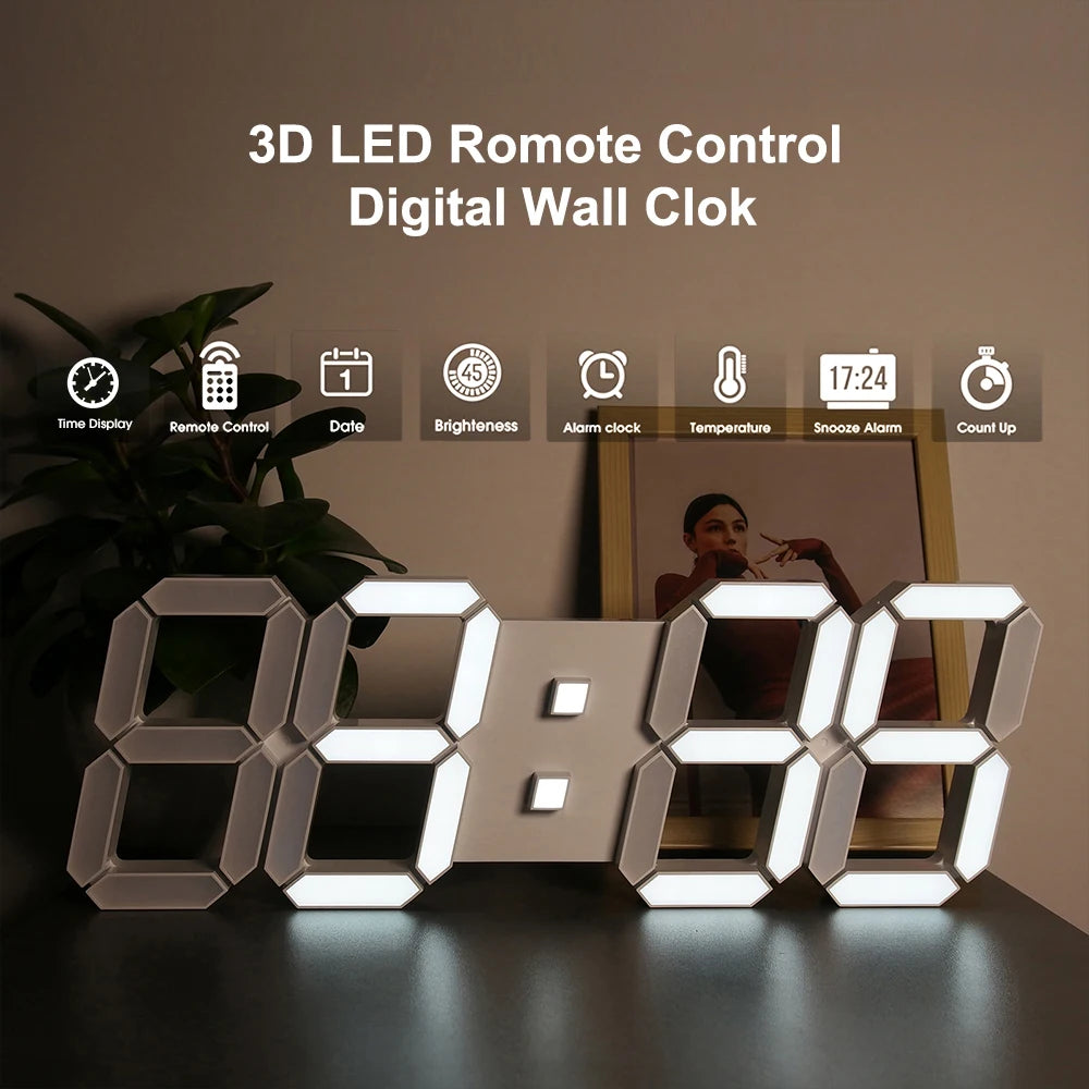 3D LED Digital Wall Clock with Remote & Alarm