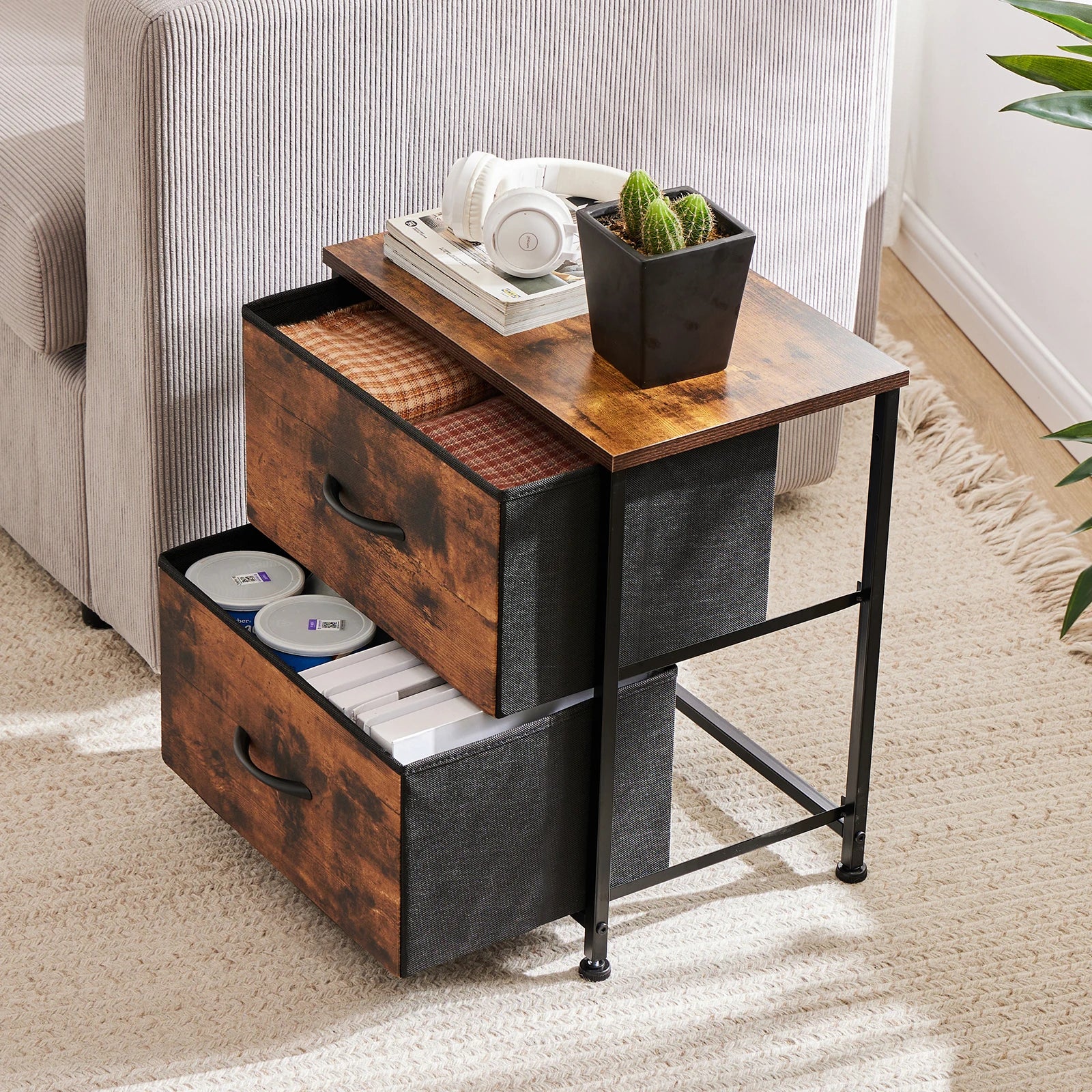JHK Nightstand with 2 Fabric Drawer Storage Cabinet