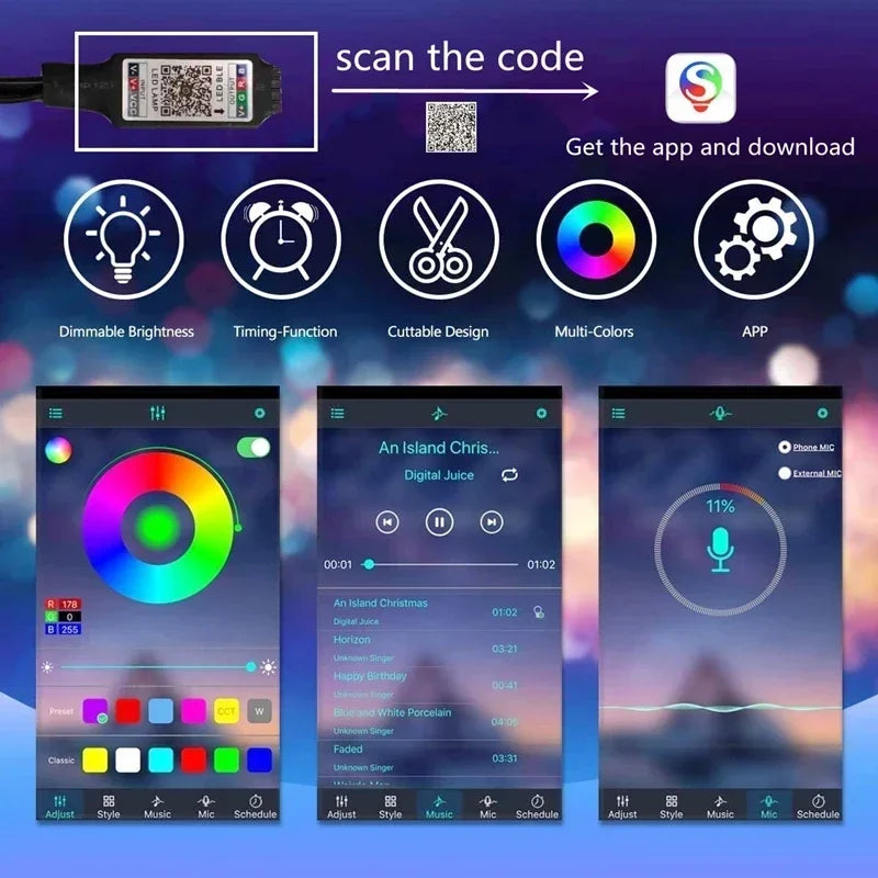 USB RGB LED Strip Light – Bluetooth & Remote Control, 1-30M