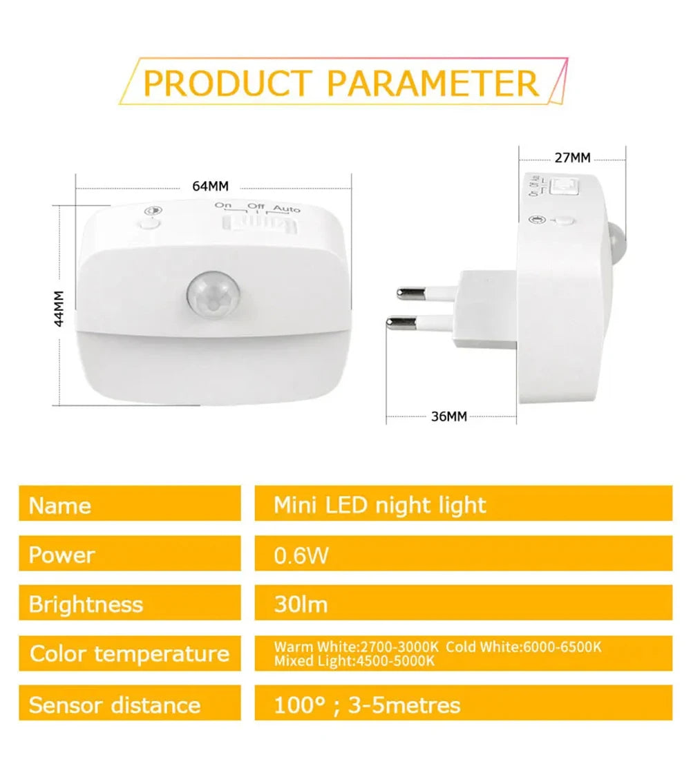 LED Motion Sensor Night Light – EU Plug, 220V Wall Lamp